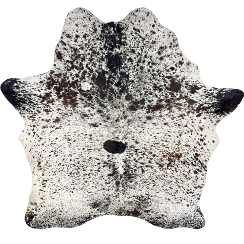 Tricolor Speckled Brazilian Cowhide: white with brown and black spots and speckles - 7'2" x 5'5" (BRSP3596)