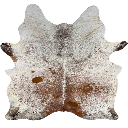 White and Reddish Brown Speckled Brazilian Cowhide: white with reddish brown speckles and spots - 7'4" x 6'3" (BRSP3598)
