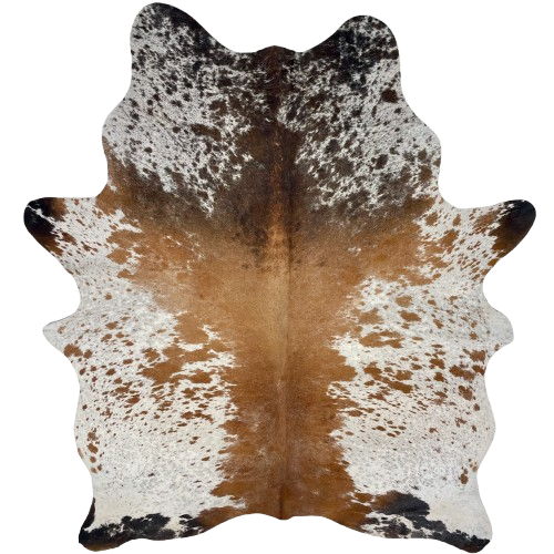 Tricolor Speckled Brazilian Cowhide: white with medium brown, dark brown, and black speckles and spots, with it having mostly solid medium brown down the middle - 7'5" x 5'5" (BRSP3607)