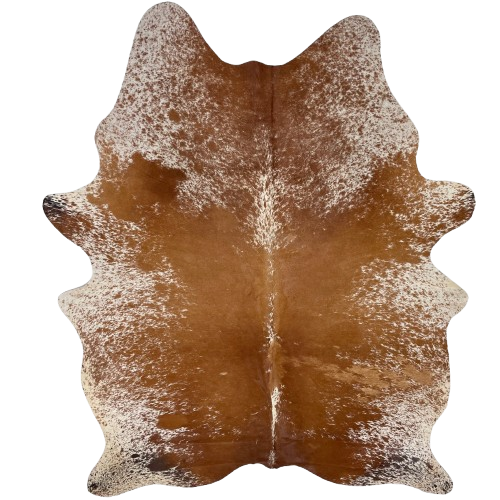 Reddish Brown and White Speckled Brazilian Cowhide: white with reddish brown speckles and spots and mostly solid reddish brown down the middle - 7'2' x 5'3" (BRSP3608)