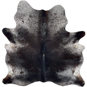 Large Dark Brown and White Speckled Brazilian Cowhide: brown with white speckles and spots, and one brand mark on the right side of the butt - 7'7" x 6'2" (BRSP3611)