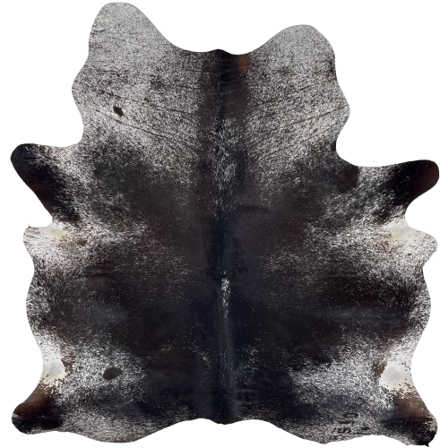 Large Dark Brown and White Speckled Brazilian Cowhide: brown with white speckles and spots, and one brand mark on the right side of the butt - 7'7" x 6'2" (BRSP3611)