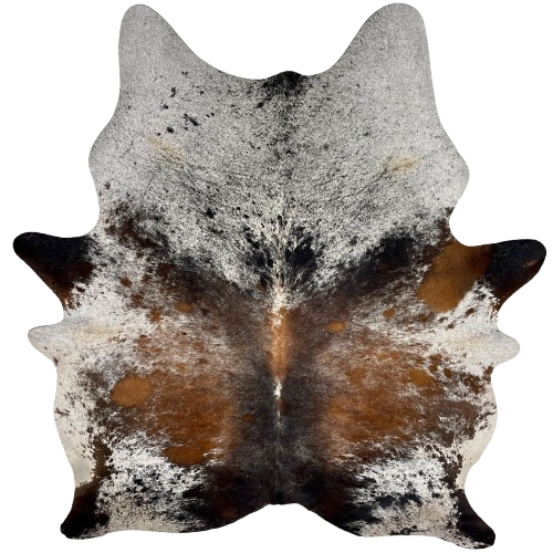 Tricolor Speckled Brazilian Cowhide, 2 brand marks: white with golden brown, dark brown, and black spots and speckles and one brand mark on each side of the butt - 7'5" x 5'11" (BRSP3613)