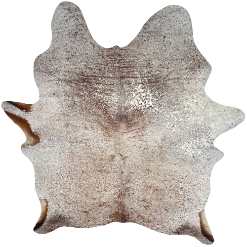 Large Reddish Brown and White Speckled Brazilian Cowhide: white with reddish brown speckles and spots, and one brand mark on the right side of the butt - 7'8" x 5'8" (BRSP3620)
