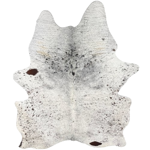 Large Tricolor Speckled Brazilian Cowhide: white with black and dark brown speckles and spots, and one brand mark on the right side of the butt - 7'9" x 5'5" (BRSP3626)