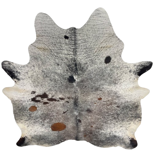 Large Tricolor Speckled Brazilian Cowhide: white with black and brown speckles and spots, and one brand mark on the left side of the butt - 7'7" x 6'3" (BRSP3628)