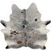 Large Tricolor Speckled Brazilian Cowhide: white with black and brown speckles and spots, and one brand mark on the left side of the butt - 7'7" x 6'3" (BRSP3628)