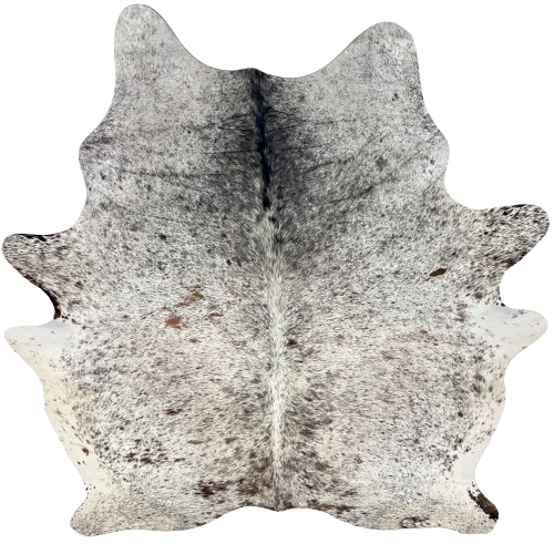 Tricolor Speckled Brazilian Cowhide: white with black and brown speckles and spots, and one brand mark on the right side of the butt - 7'4" x 6'4" (BRSP3635)