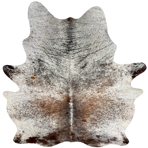 XL Tricolor Speckled Brazilian Cowhide: white with black and brown speckles and spots, and two brand marks on the right side of the butt - 8'3" x 6'2" (BRSP3638)