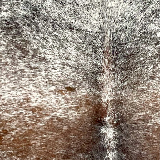 Closeup of this XL Tricolor Speckled Brazilian Cowhide, showing white with black and brown speckles and spots  (BRSP3638)