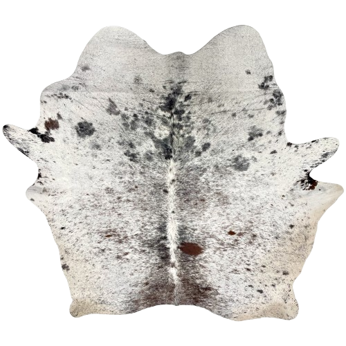 Tricolor Speckled Brazilian Cowhide: white with black and dark brown speckles and spots, and off-white on the belly, butt, and hind shanks - 7'2" x 6' (BRSP3639)