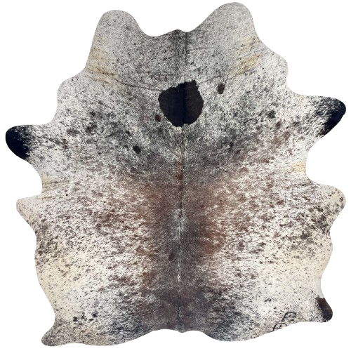 Tricolor Speckled Brazilian Cowhide:     white with brown and black speckles and spots, and two brand marks on the right side of the butt - 6'7" x 5'6" (BRSP3643)
