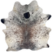 Tricolor Speckled Brazilian Cowhide:     white with brown and black speckles and spots, and two brand marks on the right side of the butt - 6'7" x 5'6" (BRSP3643)