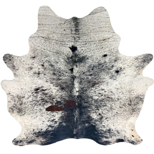 Large Tricolor Speckled Brazilian Cowhide: white with black, brown, and blackish brown speckles and spots - 7'7" x 6'5" (BRSP3647)