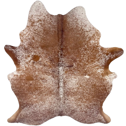 Large Reddish Brown and White Speckled Brazilian Cowhide: white with reddish brown speckles and spots, and one brand mark on the left side of the back - 7'6" x 5'6" (BRSP3649)