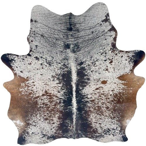 Tricolor Speckled Brazilian Cowhide: white with brown, black, and brownish black speckles and spots, and one brand mark on the left side of the butt - 6'11" x 5'11" (BRSP3651)