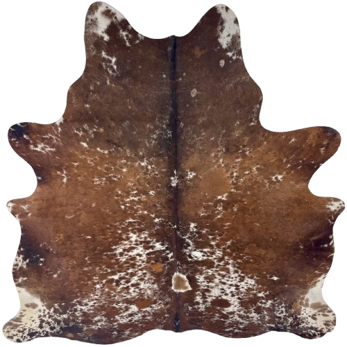 Brown and White Speckled Brazilian Cowhide: brown with white speckles and spots, and one brand mark on the right side of the butt - 6'9" x 5'11" (BRSP3652)