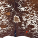 Closeup of this brown and white Speckled Brazilian Cowhide, showing one brand mark on the right side of the butt (BRSP3652)
