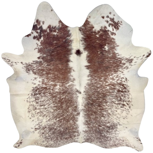 White and Brown Speckled Brazilian Cowhide: white and off-white with brown spots and speckles down both sides of the back - 6'10" x 5'9" (BRSP3655)