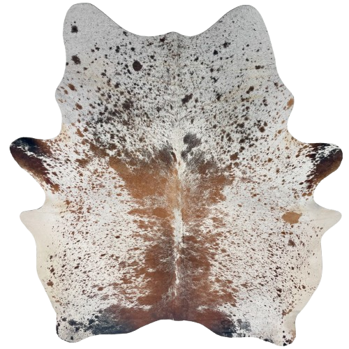 Tricolor Speckled Brazilian Cowhide: white with reddish brown, black, and dark brown speckles and spots, and a small cluster of brand marks on the right side of the butt - 6'9" x 5'10" (BRSP3657)