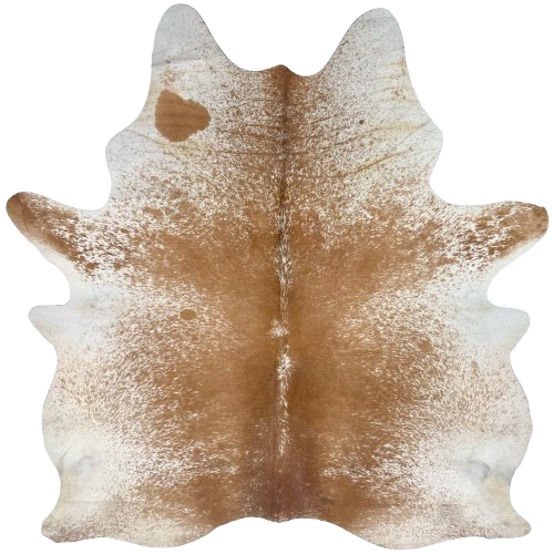 Brown and White Speckled Brazilian Cowhide: white with brown speckles and spots, and one brand mark on the right side of the butt - 7'5" x 6'3" (BRSP3659)