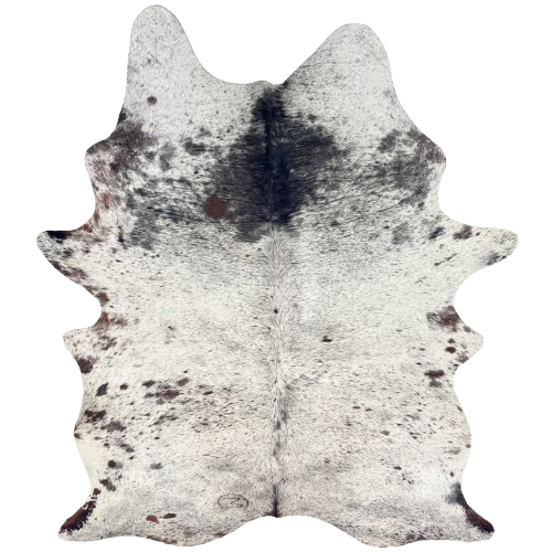 XL Tricolor Speckled Brazilian Cowhide: white with black and dark brown speckles and spots, and one brand mark on the left side of the butt - 8' x 5'6" (BRSP3663)