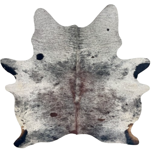 Tricolor Speckled Brazilian Cowhide: white with black and brown speckles and spots, and longer hair down the spine - 6'10" x 5'11" (BRSP3668)