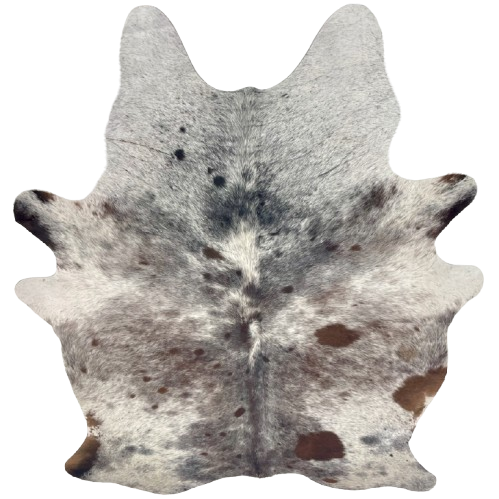 Large Tricolor Speckled Brazilian Cowhide: white with brown and black speckles and spots - 7'7" x 5'11" (BRSP3673)