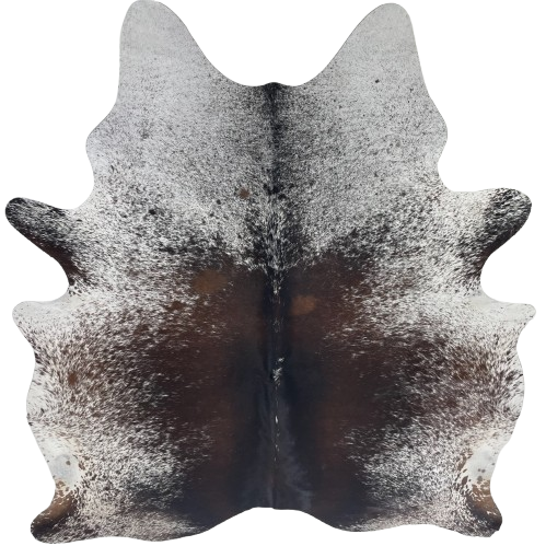 Dark Brown and White Speckled Brazilian Cowhide: white with dark brown speckles and spots, and mostly solid dark brown down the middle of the back and butt - 7'3" x 6'3"  (BRSP3674)