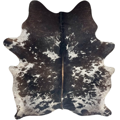 Blackish Brown and White Speckled Brazilian Cowhide: white with blackish brown speckles and spots, lighter brown down the spine, and one brand mark on each side of the butt - 6'10" x 5'6" (BRSP3676)