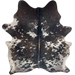 Blackish Brown and White Speckled Brazilian Cowhide: white with blackish brown speckles and spots, lighter brown down the spine, and one brand mark on each side of the butt - 6'10" x 5'6" (BRSP3676)