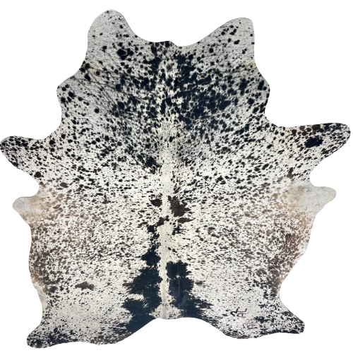 Large Tricolor Speckled Brazilian Cowhide: white with black and brown speckles and spots, and two brand marks on the right side of the butt - 7'11" x 6' (BRSP3677)