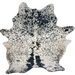 Large Tricolor Speckled Brazilian Cowhide: white with black and brown speckles and spots, and two brand marks on the right side of the butt - 7'11" x 6' (BRSP3677)