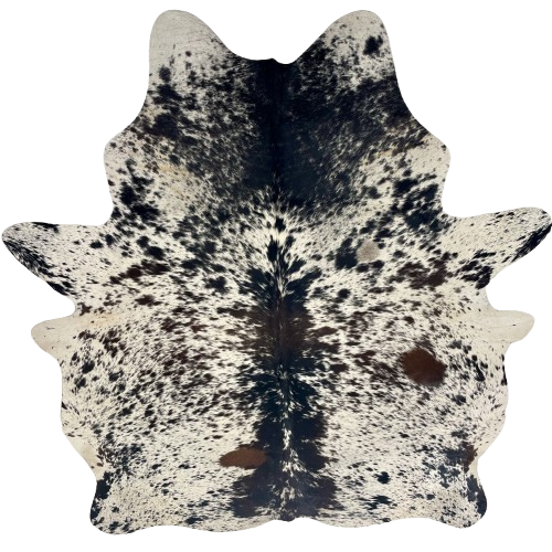 Large Tricolor Speckled Brazilian Cowhide: ivory with black and dark brown speckles and spots - 7'6" x 5'11" (BRSP3680)