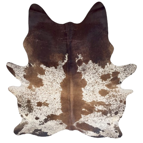 XL Brown and White Speckled Brazilian Cowhide: white with brown speckles and spots, and one brand mark on the right side of the butt - 8' x 5'9" (BRSP3688)