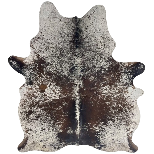 Dark Brown and White Speckled Brazilian Cowhide: white with dark brown speckles and spots, and one brand mark on the right side of the back - 7'2" x 5'4" (BRSP3689)