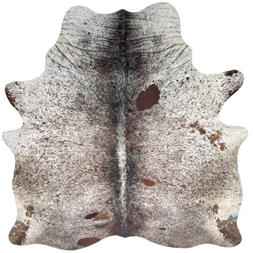Brown and White Speckled Brazilian Cowhide: white with brown speckles and spots - 6'5" x 5'9" (BRSP3690)
