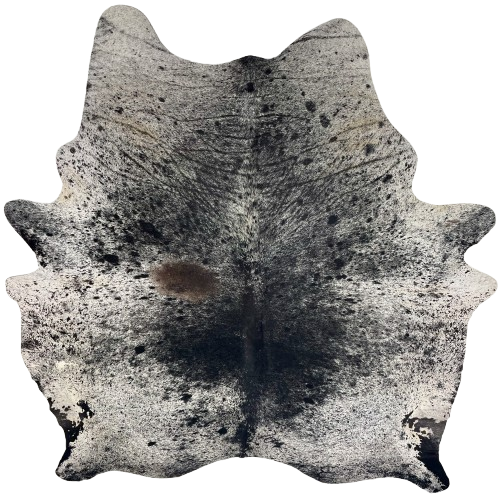 Large Black and White Speckled Brazilian Cowhide: white with black speckles and spots, one brown spot on the left side of the back, and two brand marks on the right side of the butt - 7'9" x 6'6" (BRSP3693)