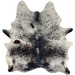 Black and White Speckled Brazilian Cowhide: white with black speckles and spots, hints of dark brown on the left side of the back, and dark brown down part of the spine - 6'11" x 5'7" (BRSP3694)