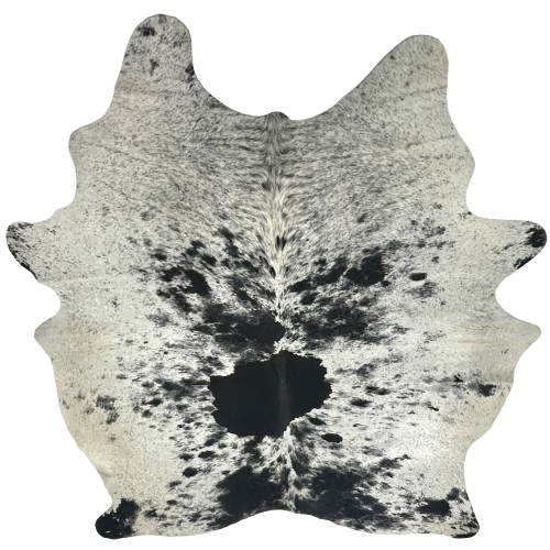 XL Black and White Speckled Brazilian Cowhide: white and off-white with black speckles and large and small, black spots - 8'1" x 6'7" (BRSP3696)