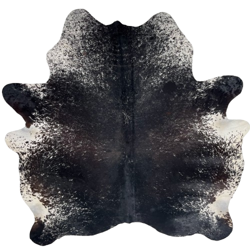 Black and White Speckled Brazilian Cowhide: black with white speckles and spots, and hints of dark brown mixed in on the back - 6'7" x 6' (BRSP3701)