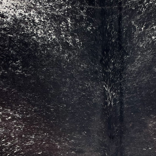 Closeup of this Speckled Brazilian Cowhide, showing black with white speckles and spots, and hints of dark brown mixed in on the back (BRSP3701)