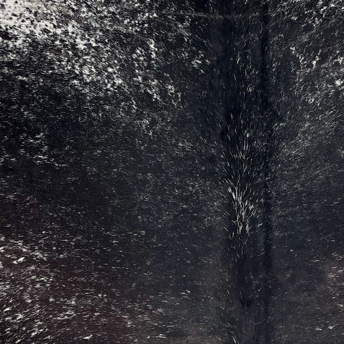 Closeup of this Speckled Brazilian Cowhide, showing black with white speckles and spots, and hints of dark brown mixed in on the back (BRSP3701)