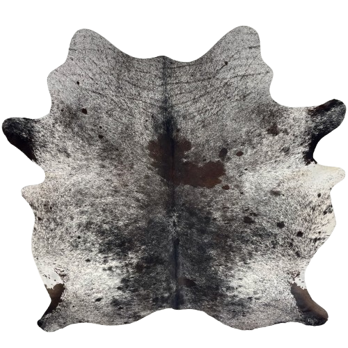 Black and White Speckled Brazilian Cowhide: black and white speckled with a dark brown spot in the middle of the shoulder - 7'1' x 6' (BRSP3702)