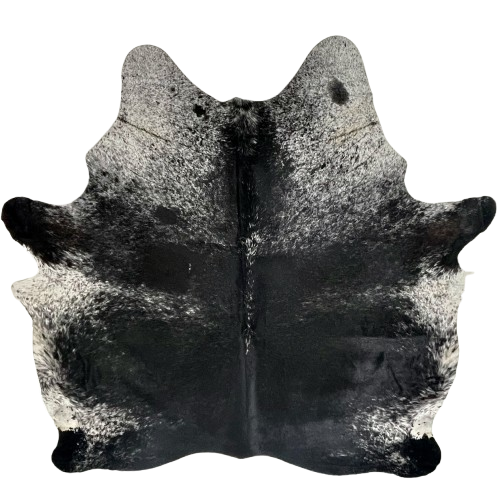 XXL Black and White Speckled Brazilian Cowhide: mostly black, with a few white speckles, and white with black speckles and spots on the belly and shoulder - 8'5" x 7' (BRSP3703)