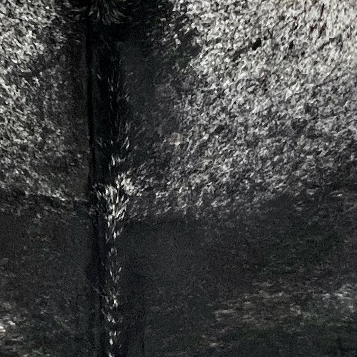 Closeup of this XXL Speckled Brazilian Cowhide, showing mostly black, with a few white speckles, and white with black speckles and spots on the shoulder  (BRSP3703)