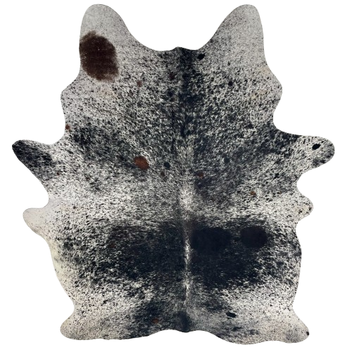 Large Black and White Speckled Brazilian Cowhide: white with black speckles and large and small, black spots, and one small, brown spot on the left side of the shoulder and a large one the left side of the neck- 7'8" x 5'5" (BRSP3705)