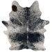 Large Black and White Speckled Brazilian Cowhide: white with black speckles and large and small, black spots, and one small, brown spot on the left side of the shoulder and a large one the left side of the neck- 7'8" x 5'5" (BRSP3705)