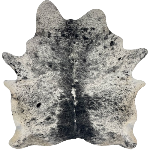 Black and White Speckled Brazilian Cowhide: white with black speckles and spots, and off-white on the belly and hind shanks - 7' x 5'8" (BRSP3708)