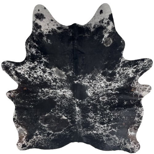 Black and White Speckled Brazilian Cowhide: white with black speckles and large and small, black spots - 7'4" x 5'11" (BRSP3709)